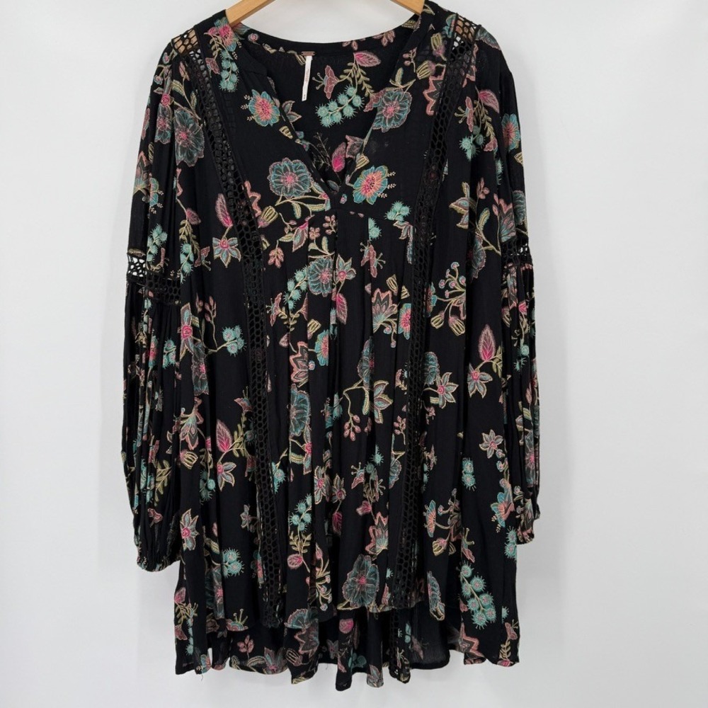 Free People Womens Boho Tunic Dress Size M Black Floral Cottagecore Romantic